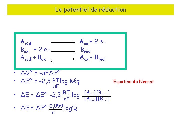 Le potentiel de réduction • Aréd • Box + 2 e • Aréd +