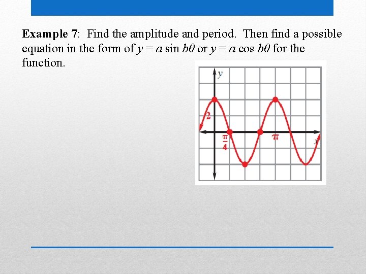 Example 7: Find the amplitude and period. Then find a possible equation in the