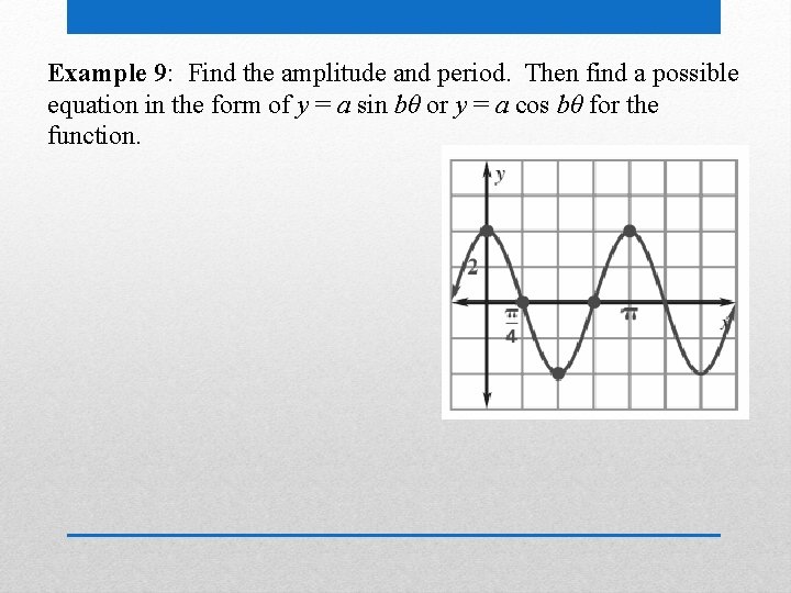 Example 9: Find the amplitude and period. Then find a possible equation in the