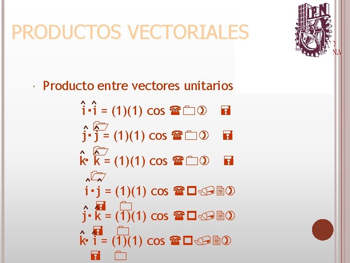  Producto entre vectores unitarios i. i = (1)(1) cos (0) = 1 j.