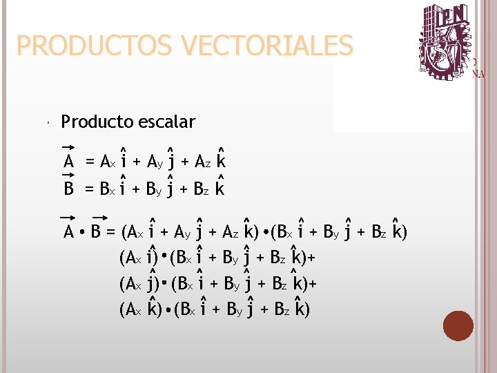 Producto escalar A = A x i + Ay j + Az k