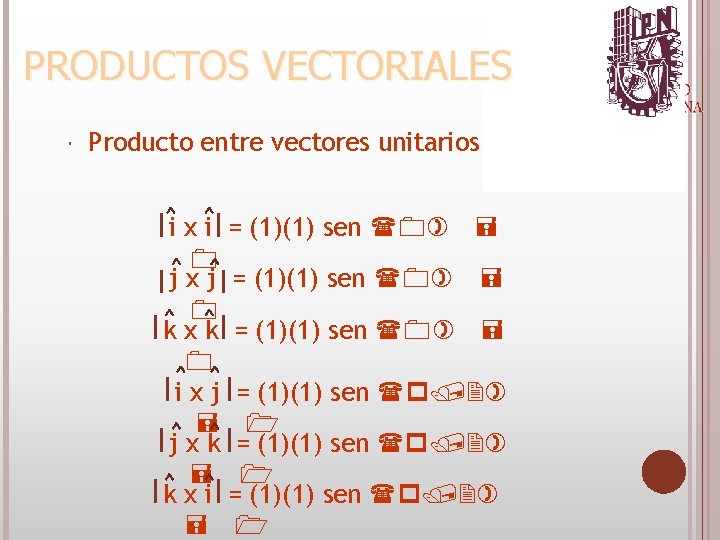  Producto entre vectores unitarios i x i = (1)(1) sen (0) = 0
