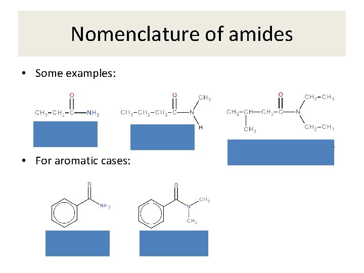 Nomenclature of amides • Some examples: • For aromatic cases: 