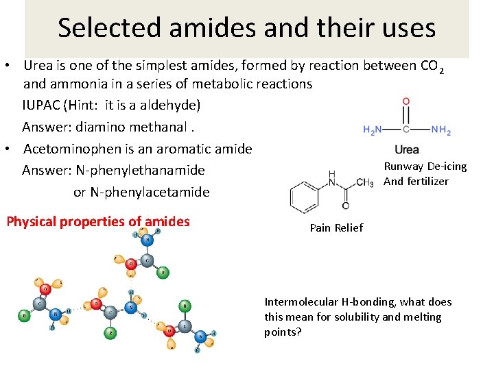 Selected amides and their uses • Urea is one of the simplest amides, formed