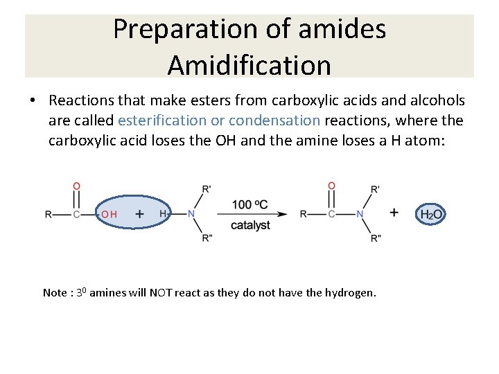 Preparation of amides Amidification • Reactions that make esters from carboxylic acids and alcohols