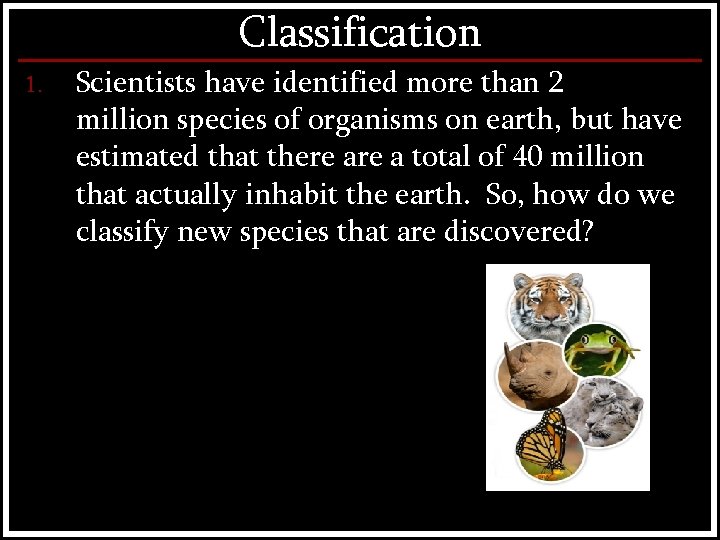 Classification 1. Scientists have identified more than 2 million species of organisms on earth,