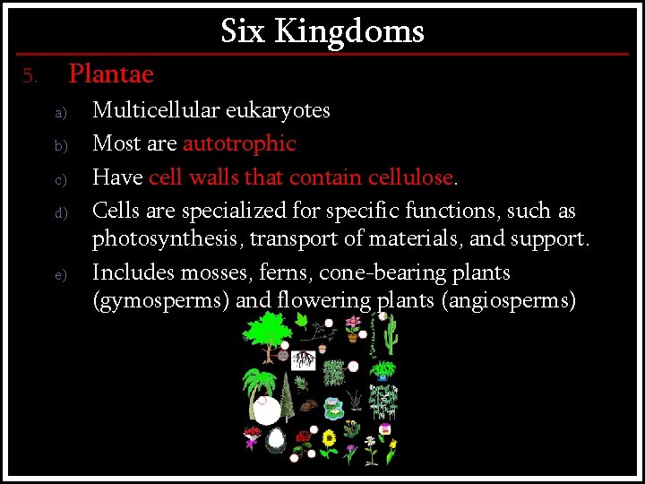 Six Kingdoms Plantae 5. a) b) c) d) e) Multicellular eukaryotes Most are autotrophic