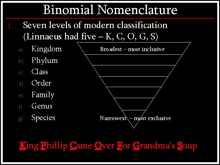 Binomial Nomenclature Seven levels of modern classification (Linnaeus had five – K, C, O,