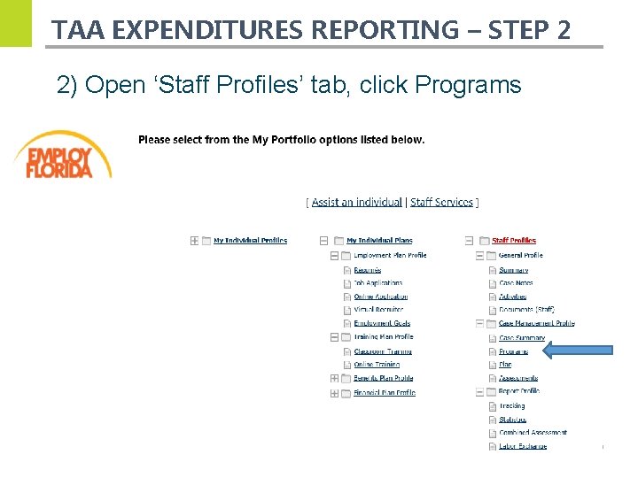 TAA EXPENDITURES REPORTING – STEP 2 2) Open ‘Staff Profiles’ tab, click Programs 16