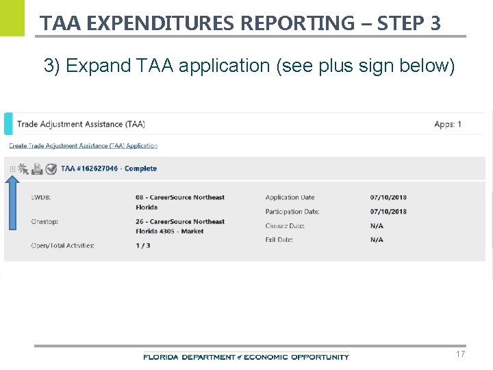 TAA EXPENDITURES REPORTING – STEP 3 3) Expand TAA application (see plus sign below)