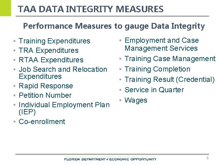 TAA DATA INTEGRITY MEASURES Performance Measures to gauge Data Integrity • • Training Expenditures