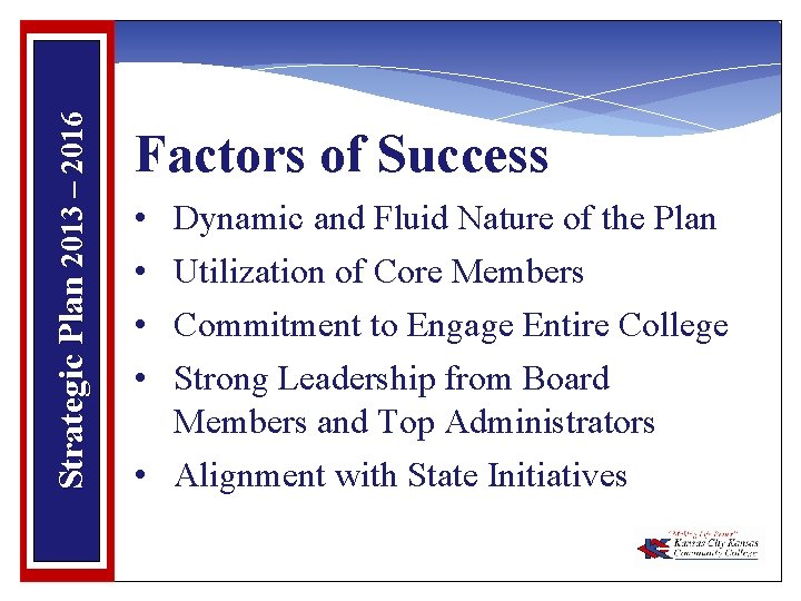 Strategic Plan 2013 – 2016 Factors of Success • • Dynamic and Fluid Nature