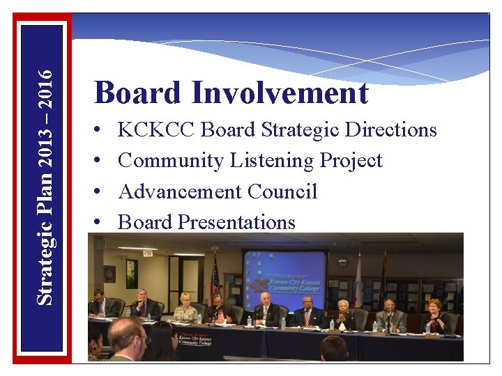 Strategic Plan 2013 – 2016 Board Involvement • • KCKCC Board Strategic Directions Community