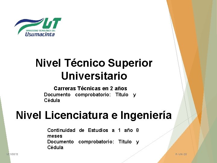 Nivel Técnico Superior Universitario Carreras Técnicas en 2 años Documento comprobatorio: Titulo y Cédula