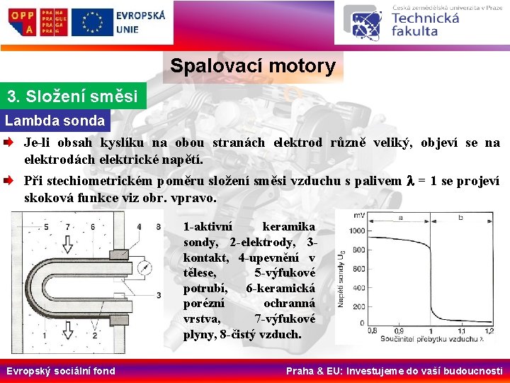 Spalovací motory 3. Složení směsi Lambda sonda Je li obsah kyslíku na obou stranách