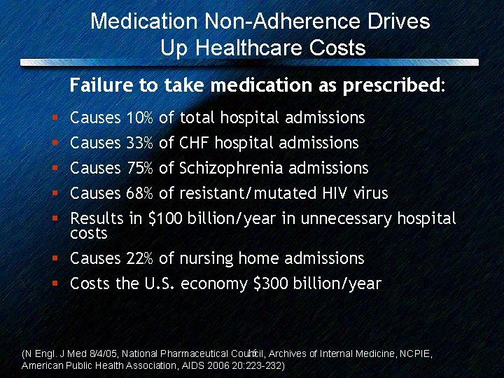 Medication Non-Adherence Drives Up Healthcare Costs Failure to take medication as prescribed: § §