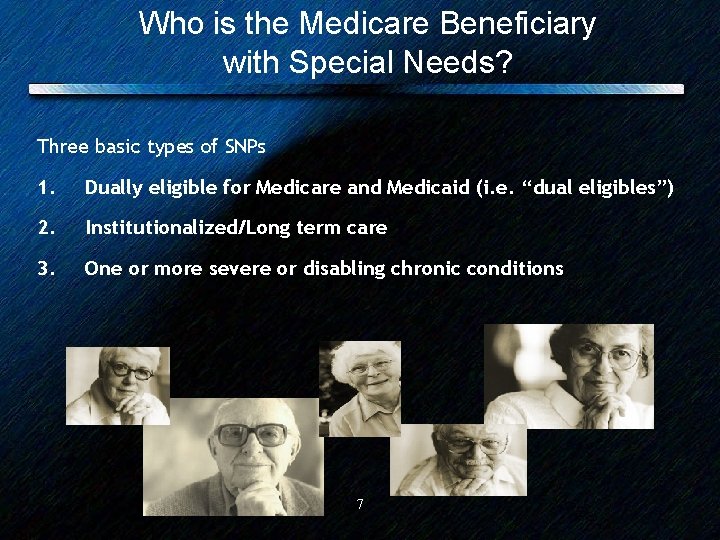 Who is the Medicare Beneficiary with Special Needs? Three basic types of SNPs 1.