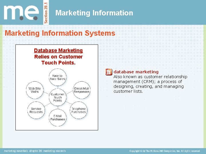Section 28. 1 Marketing Information Systems Database Marketing Relies on Customer Touch Points. database