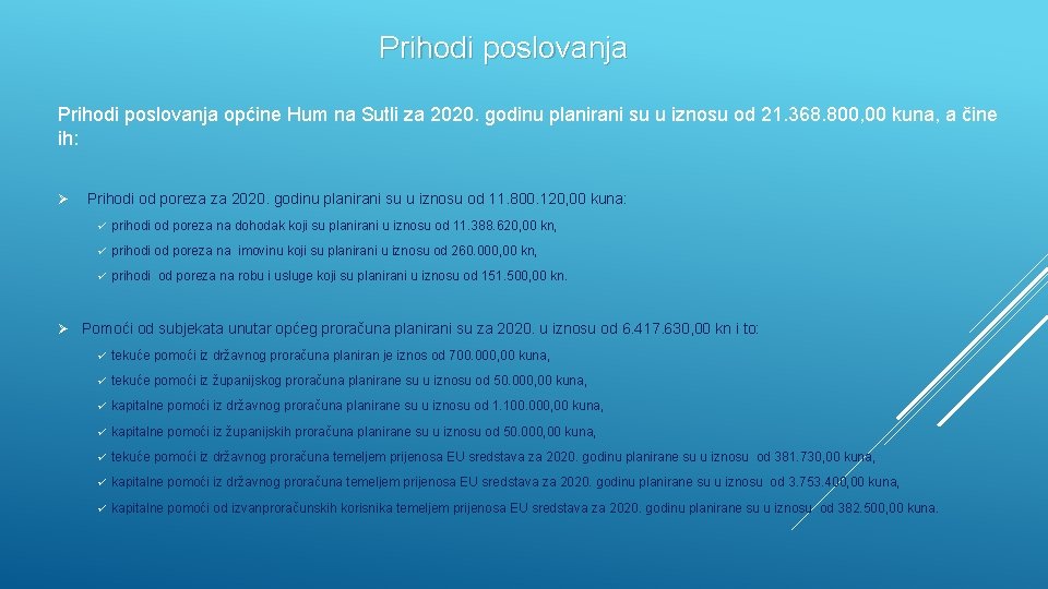 Prihodi poslovanja općine Hum na Sutli za 2020. godinu planirani su u iznosu od