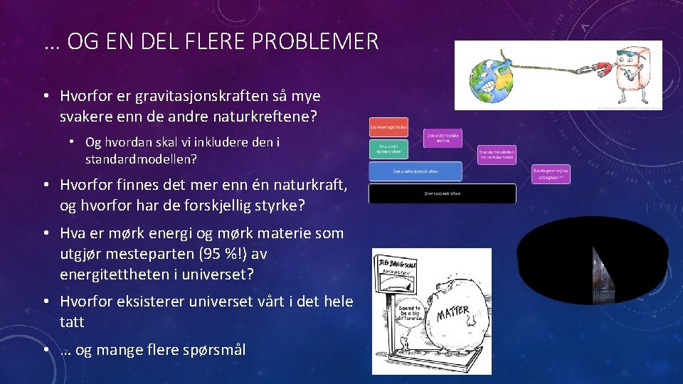 … OG EN DEL FLERE PROBLEMER • Hvorfor er gravitasjonskraften så mye svakere enn