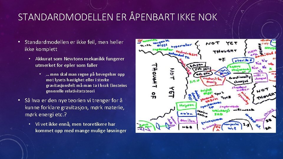 STANDARDMODELLEN ER ÅPENBART IKKE NOK • Standardmodellen er ikke feil, men heller ikke komplett