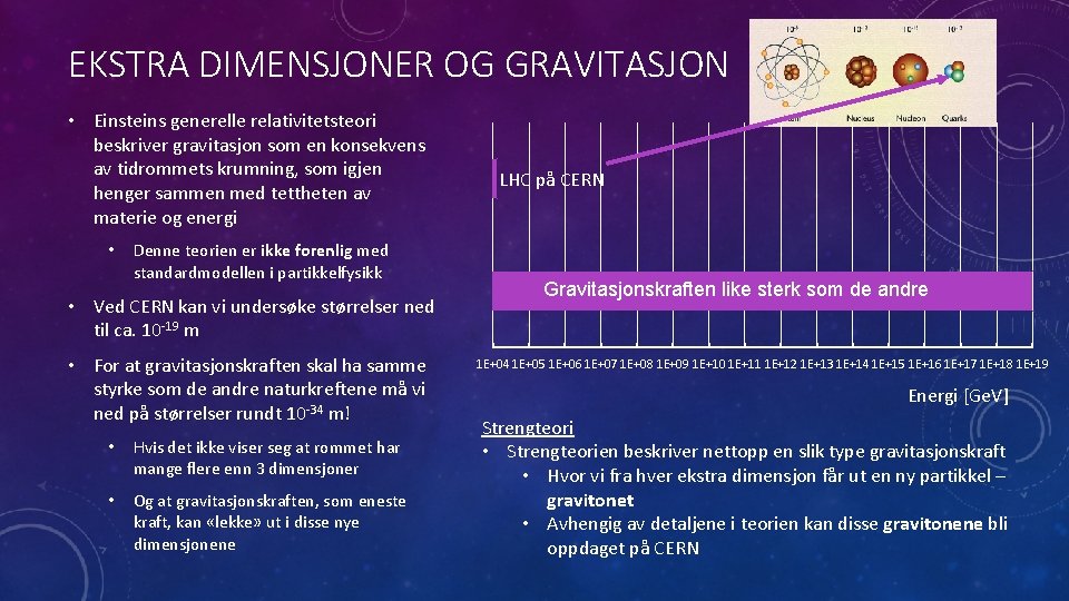 EKSTRA DIMENSJONER OG GRAVITASJON • Einsteins generelle relativitetsteori beskriver gravitasjon som en konsekvens av