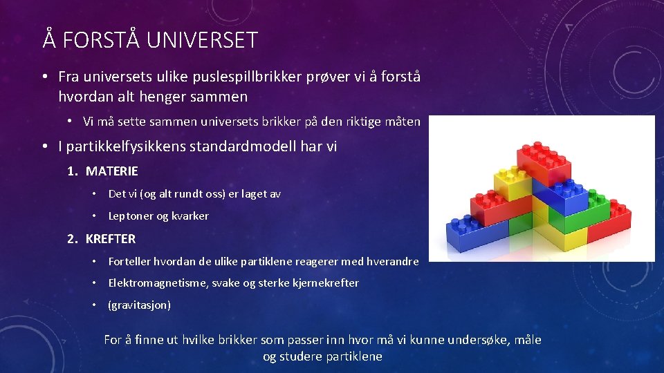 Å FORSTÅ UNIVERSET • Fra universets ulike puslespillbrikker prøver vi å forstå hvordan alt