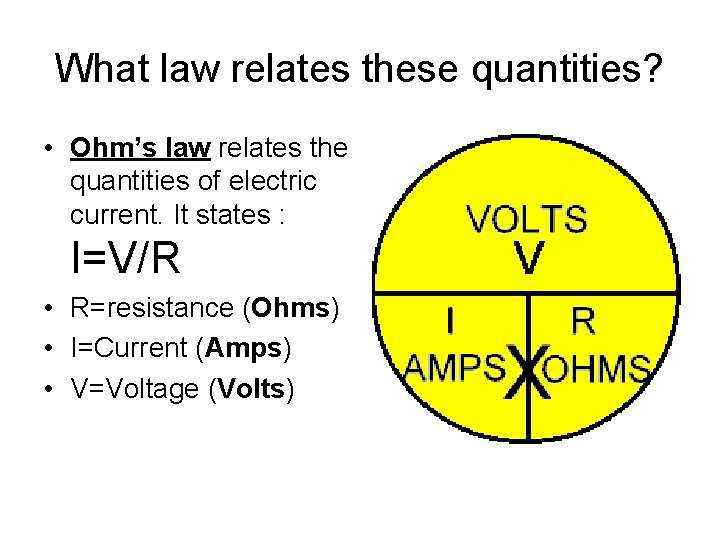What law relates these quantities? • Ohm’s law relates the quantities of electric current.