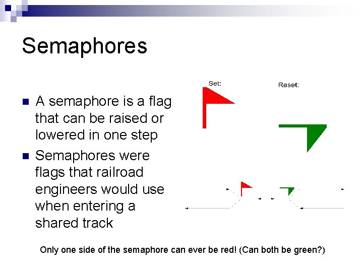 Semaphores n n A semaphore is a flag that can be raised or lowered