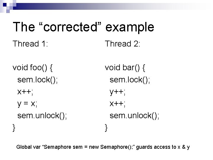 The “corrected” example Thread 1: Thread 2: void foo() { sem. lock(); x++; y