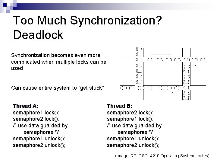 Too Much Synchronization? Deadlock Synchronization becomes even more complicated when multiple locks can be