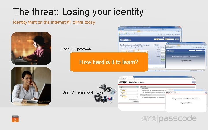 The threat: Losing your identity Identity theft on the internet #1 crime today Hello