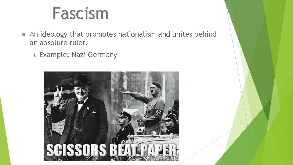 Fascism An ideology that promotes nationalism and unites behind an absolute ruler. Example: Nazi Fascism An ideology that promotes nationalism and unites behind an absolute ruler. Example: Nazi