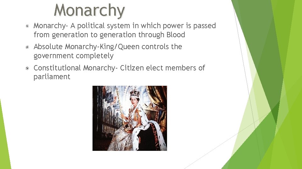 Monarchy- A political system in which power is passed from generation to generation through Monarchy- A political system in which power is passed from generation to generation through