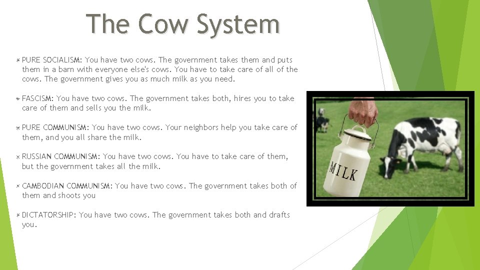 The Cow System PURE SOCIALISM: You have two cows. The government takes them and The Cow System PURE SOCIALISM: You have two cows. The government takes them and