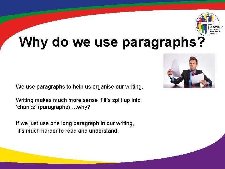 Why do we use paragraphs? We use paragraphs to help us organise our writing.