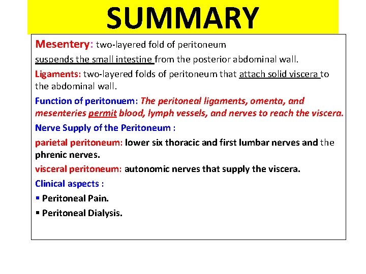 SUMMARY Mesentery: two-layered fold of peritoneum suspends the small intestine from the posterior abdominal