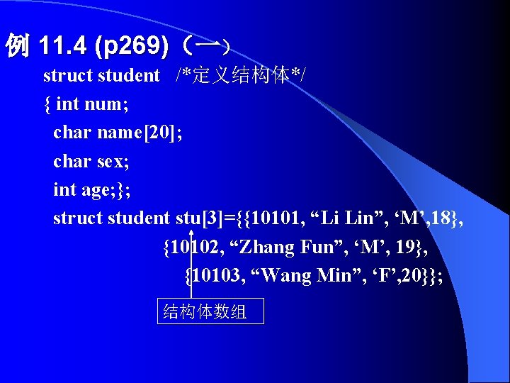 例 11. 4 (p 269)（一） struct student /*定义结构体*/ { int num; char name[20]; char
