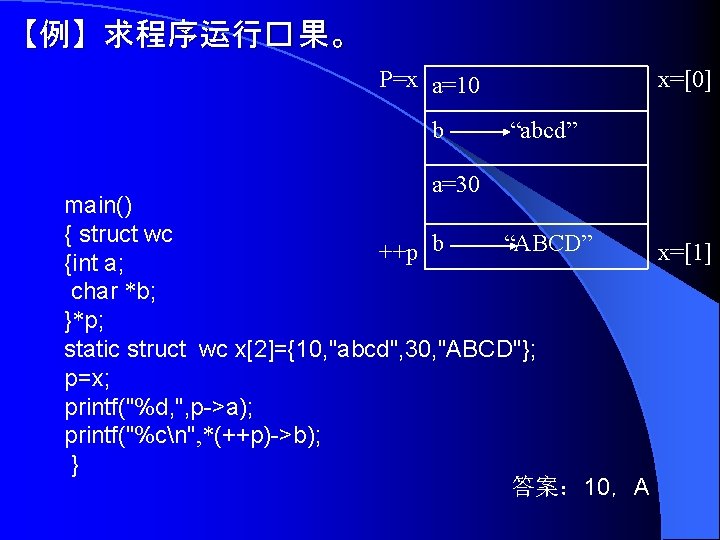 【例】求程序运行� 果。 P=x a=10 b a=30 x=[0] “abcd” main() { struct wc b “ABCD”