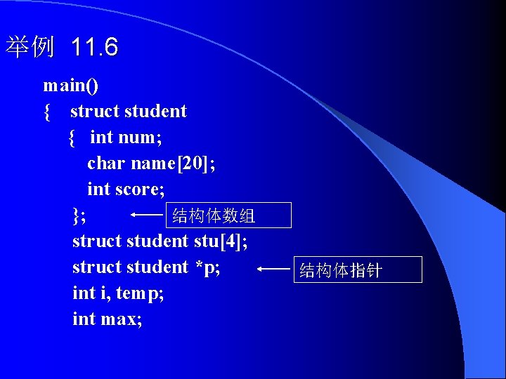 举例 11. 6 main() { struct student { int num; char name[20]; int score;