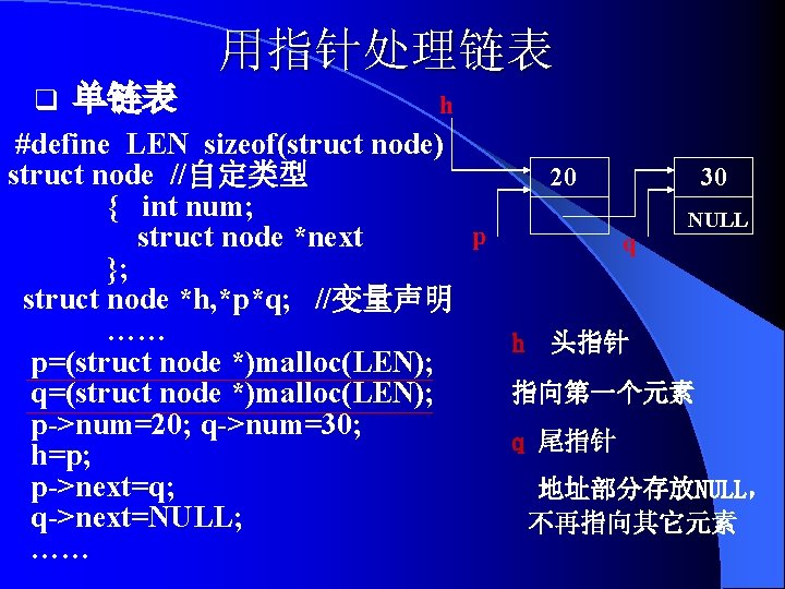 用指针处理链表 q 单链表 h #define LEN sizeof(struct node) struct node //自定类型 20 30 {