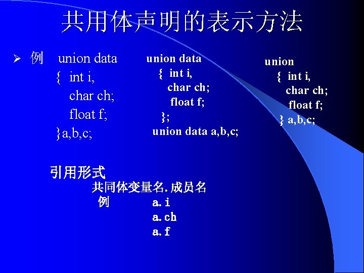 共用体声明的表示方法 Ø 例 union data { int i, char ch; float f; }a, b,