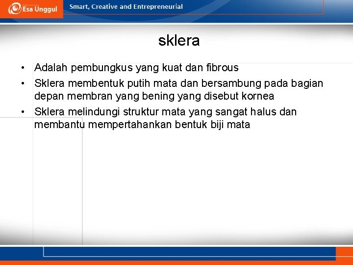 sklera • Adalah pembungkus yang kuat dan fibrous • Sklera membentuk putih mata dan