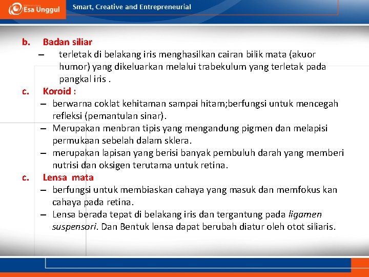 b. Badan siliar – terletak di belakang iris menghasilkan cairan bilik mata (akuor humor)