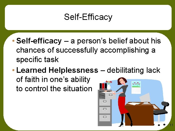 Self-Efficacy • Self-efficacy – a person’s belief about his chances of successfully accomplishing a