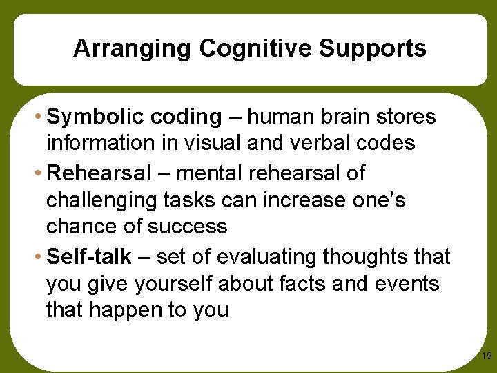 Arranging Cognitive Supports • Symbolic coding – human brain stores information in visual and