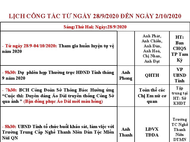 LỊCH CÔNG TÁC TỪ NGÀY 28/9/2020 ĐẾN NGÀY 2/10/2020 Sáng: Thứ Hai; Ngày: 28/9/2020