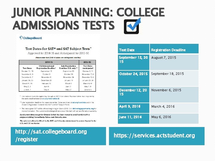 JUNIOR PLANNING: COLLEGE ADMISSIONS TESTS http: //sat. collegeboard. org /register Test Date Registration Deadline