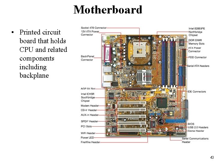 Motherboard • Printed circuit board that holds CPU and related components including backplane 43