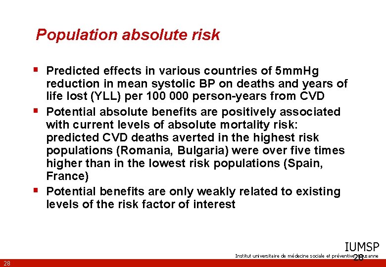 Population absolute risk § Predicted effects in various countries of 5 mm. Hg §